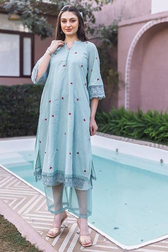 blue embroidered cotton straight suit set