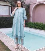  blue embroidered cotton straight suit set