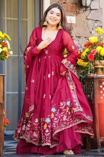 Red embroidery bids full stitched anarkali suit