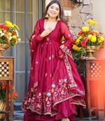 Red embroidery bids full stitched anarkali suit