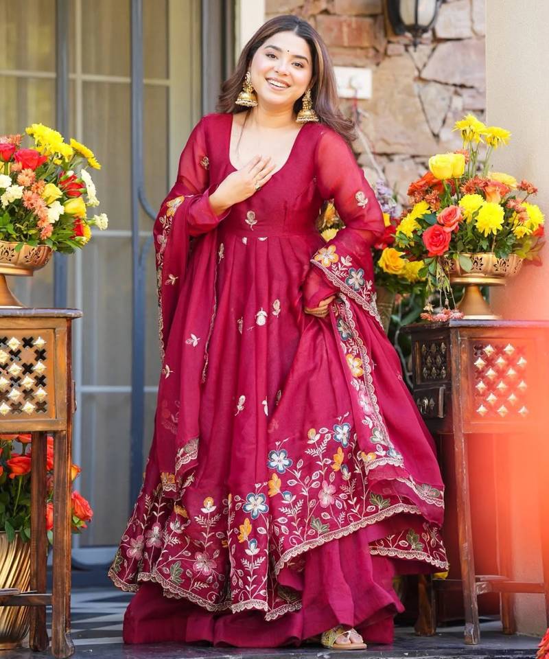 Red embroidery bids full stitched anarkali suit