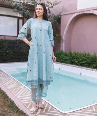 blue cotton straight suit set with embroidered work 2