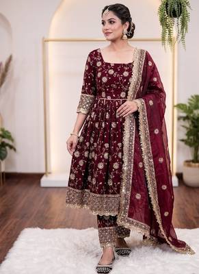 maroon silk blend anarkali gown with embroidery and sequin work 1