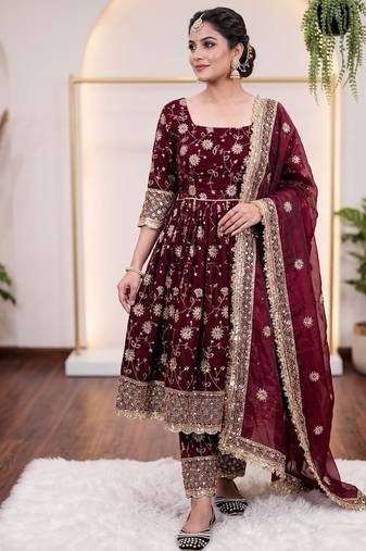 Maroon embroidery sequence full stitched gown