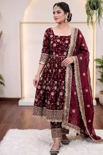 Maroon embroidery sequence full stitched gown