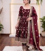 Maroon embroidery sequence full stitched gown