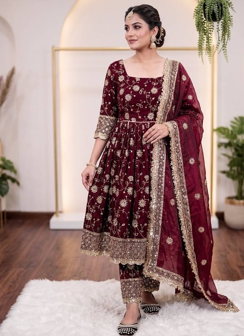 Maroon embroidery sequence full stitched gown