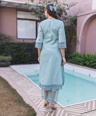 blue cotton straight suit set with embroidered work 5