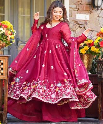 red organza anarkali suit with embroidery and bead work 2