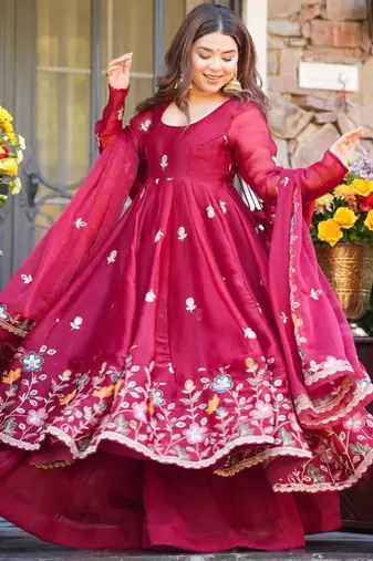 red organza anarkali suit with embroidery and bead work