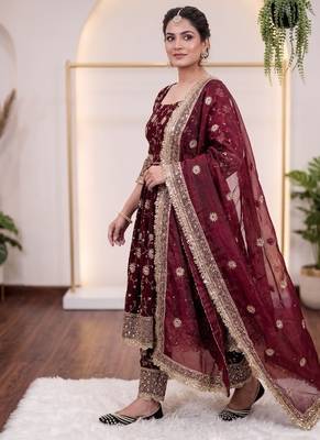 maroon silk blend anarkali gown with embroidery and sequin work 2