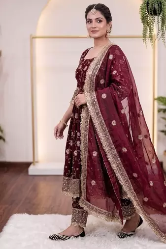 maroon silk anarkali gown with embroidery and sequin work