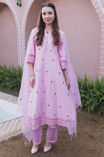 Pink embroidered cotton straight suit set