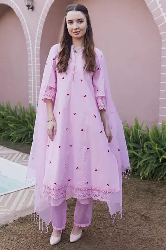 Pink embroidered cotton straight suit set