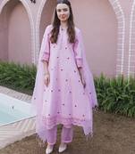 Pink embroidered cotton straight suit set