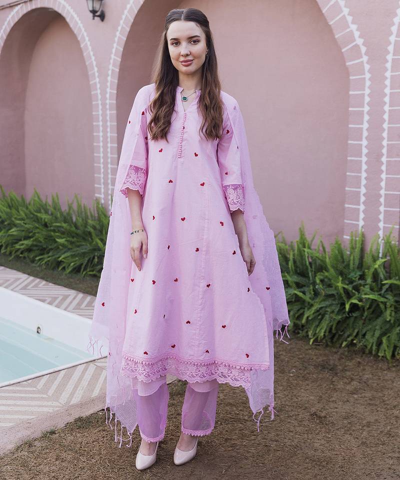 Pink embroidered cotton straight suit set