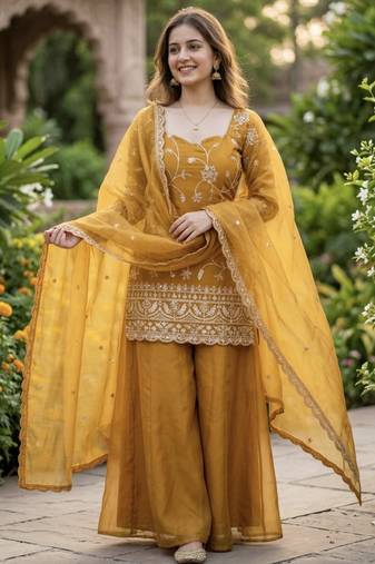 Yellow embroidery sequence full stitched sarara plazo
