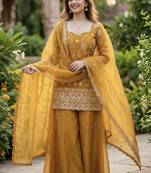 Yellow embroidery sequence full stitched sarara plazo