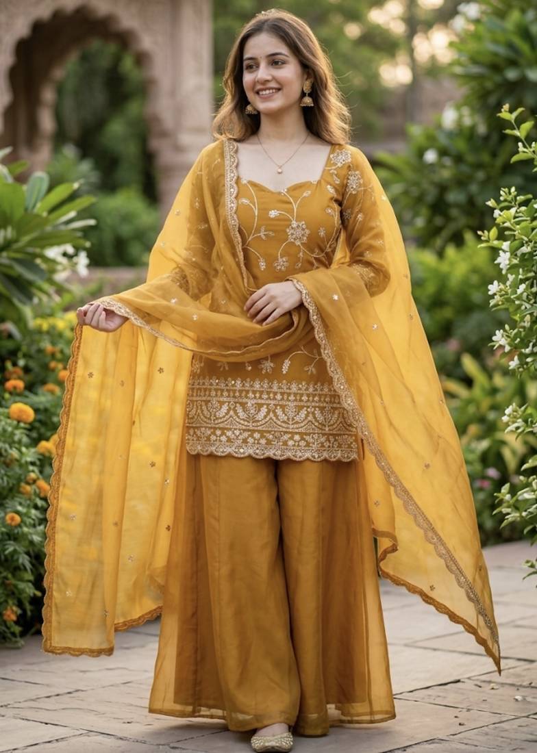 Yellow embroidery sequence full stitched sarara plazo