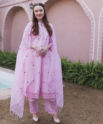 pink cotton kurta suit set with embroidered work 2
