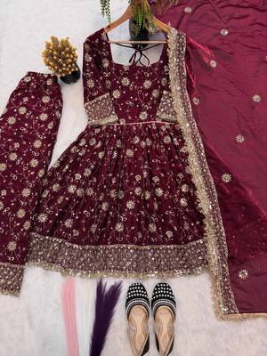 maroon silk blend anarkali gown with embroidery and sequin work 3