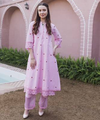 pink cotton kurta suit set with embroidered work 3