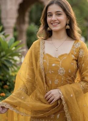 yellow embroidered silk blend sharara plazo set with dupatta 2
