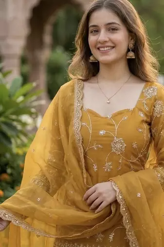 yellow embroidered silk blend sharara plazo set with dupatta