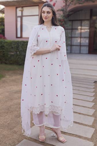 Off white embroidered cotton straight suit set
