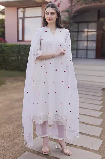 Off white embroidered cotton straight suit set