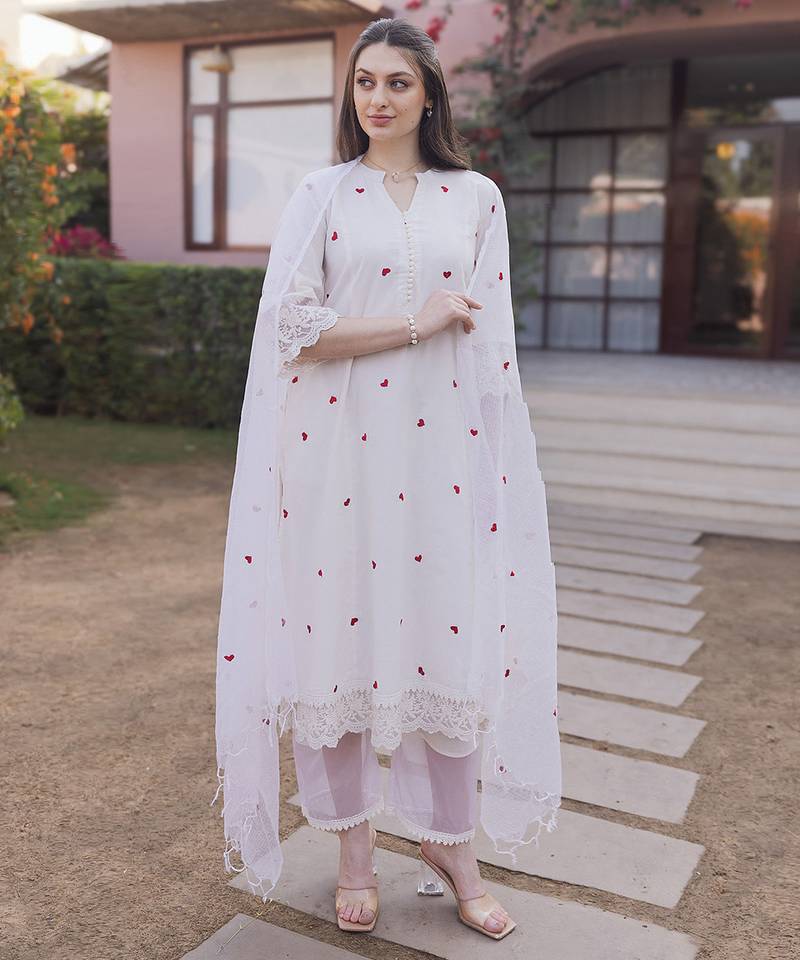 Off white embroidered cotton straight suit set