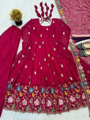red organza anarkali suit with embroidery and bead work 4