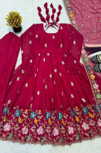 red organza anarkali suit with embroidery and bead work