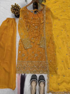 yellow embroidered silk blend sharara plazo set with dupatta 3
