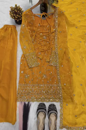 yellow embroidered silk blend sharara plazo set with dupatta