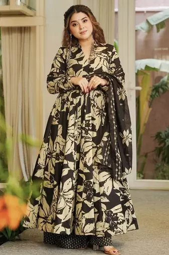 black digital print cotton anarkali suit set