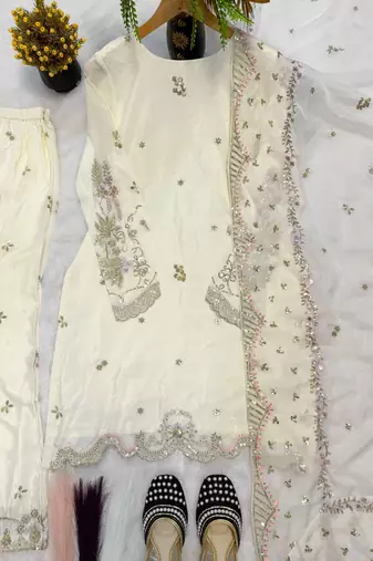 off white crepe embroidered sequin sharara set