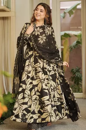 black digital print cotton anarkali suit set
