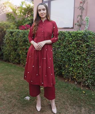 maroon cotton kurta suit set with subtle embroidery 1