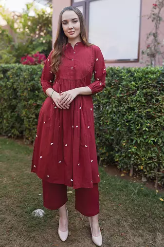Maroon embroidered cotton straight suit set