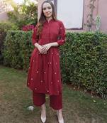 Maroon embroidered cotton straight suit set