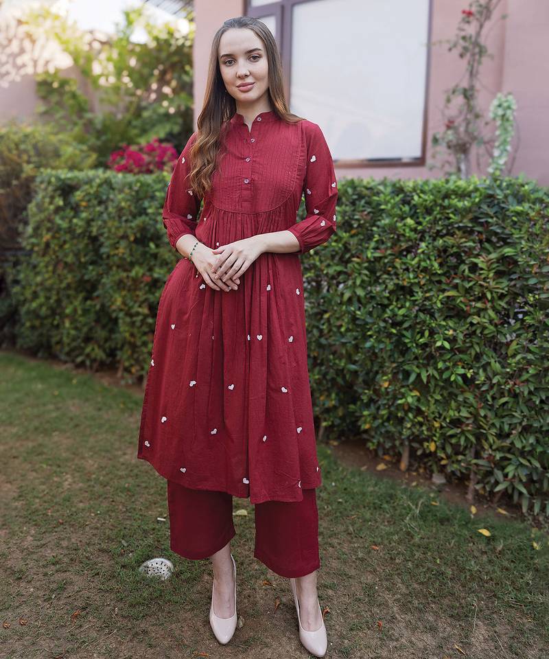 Maroon embroidered cotton straight suit set