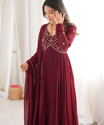 maroon cotton anarkali suit with with detailed embroidery 1