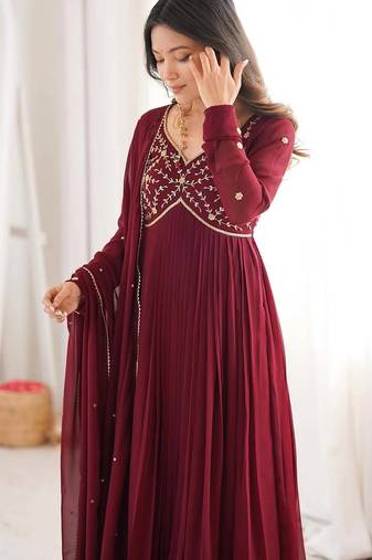 Maroon embroidery bids full stitched anarkali suit