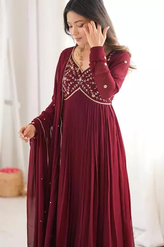 Maroon embroidery bids full stitched anarkali suit