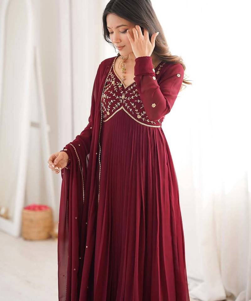 Maroon embroidery bids full stitched anarkali suit