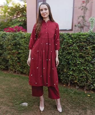 maroon cotton kurta suit set with subtle embroidery 2