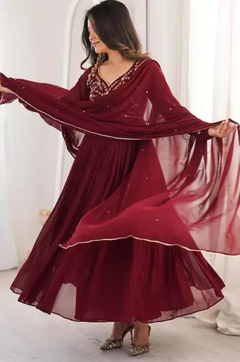 maroon cotton anarkali suit with with detailed embroidery