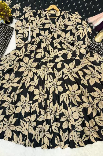 black digital print cotton anarkali suit set