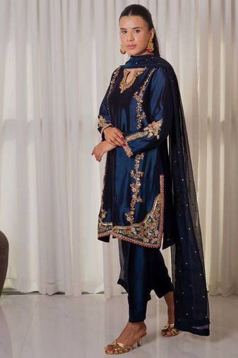 Navy blue embroidery moti full stitched farshi salwar